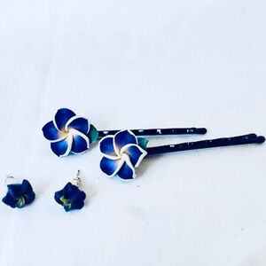 Floral Hair Pins w/Matching Earrings Hawaiian Style Wedding, Dance, Pageant